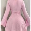 Women's Bell Long Mini Dress Bow Front Square Neck A Line Knit Dresses