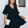 41kWdlhdqVL.jpg Plus Size Casual Summer Dress for Women Swiss Dot Wrap V Neck Ruffle Sleeve Smock Boho Mini Dress