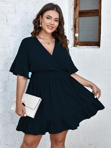 41kWdlhdqVL.jpg Plus Size Casual Summer Dress for Women Swiss Dot Wrap V Neck Ruffle Sleeve Smock Boho Mini Dress