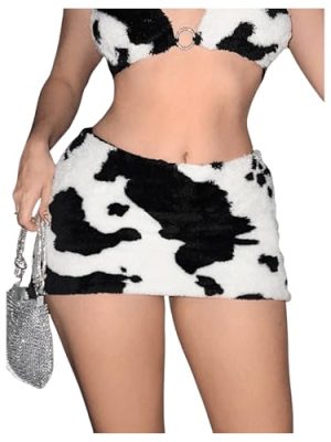 Women's Cow Print Fuzzy Bodycon Mini Skirt Sexy Low Rise Skirts