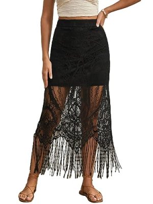 Women's Boho Solid Fringe Hem Lace See through High Waisted Casual Overlay Long Skirt