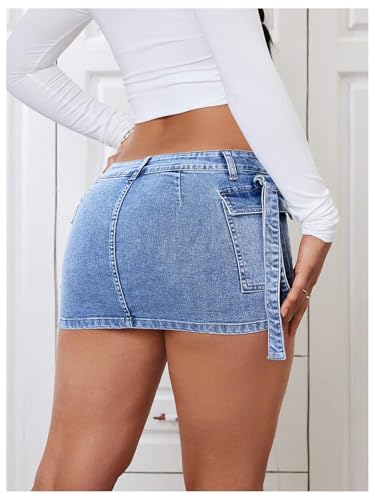 Women's Low Rise Button Stretch Y2k Bodycon Mini Denim Skirt with Pockets