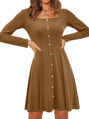 Women 2024 Fall Dress Long Sleeve Holiday Outfits Square Neck Casual Winter Ribbed Knit Dresses Trendy