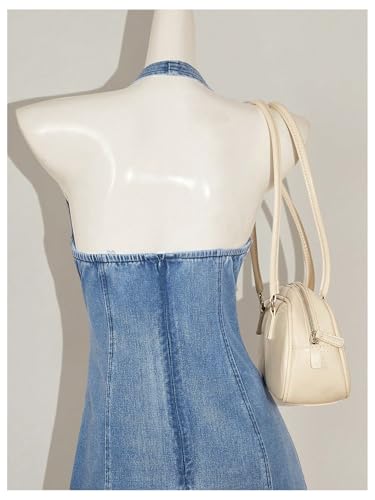 Women's Bow Halter Mini Jean Dress Lace Trim Sleeveless Backless Denim Dresses