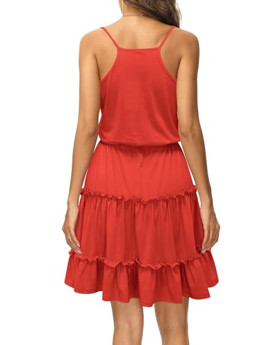 Women's 2025 Summer Dress Spaghetti Strap Casual Boho Beach Vacation Outfits Drawstring Ruffle Hem Sundress Trendy