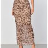 Women's Leopard Print Mesh Skirt Ruched Split Thigh Low Waist Maxi Skirts