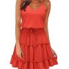 Women's 2025 Summer Dress Spaghetti Strap Casual Boho Beach Vacation Outfits Drawstring Ruffle Hem Sundress Trendy