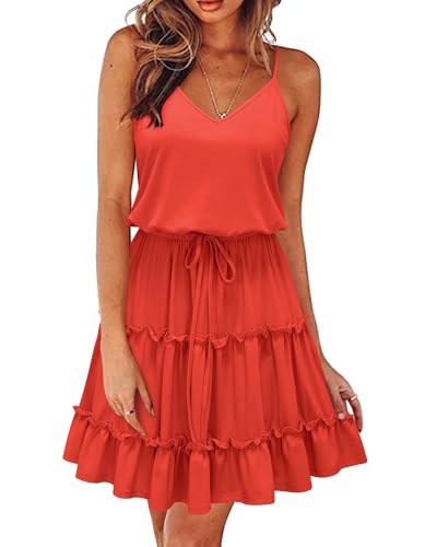 Women's 2025 Summer Dress Spaghetti Strap Casual Boho Beach Vacation Outfits Drawstring Ruffle Hem Sundress Trendy