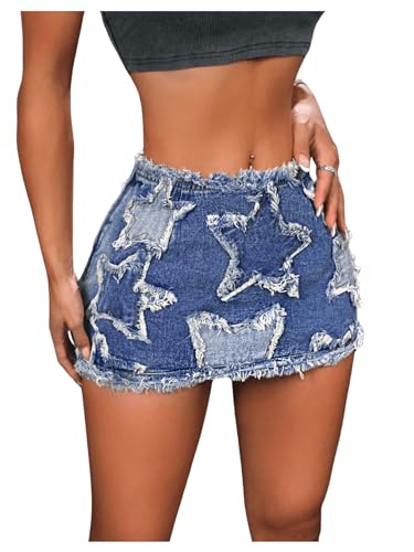 Women's Star Pattern Ripped Raw Hem Bodycon Pencil Skirts Slim Fit Y2K Cheeky Denim Hip Skirt