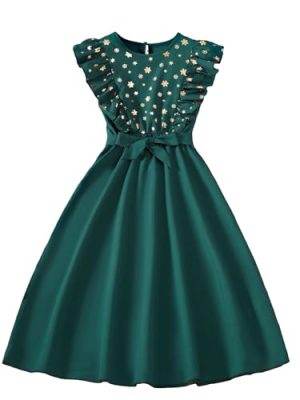 Girl's Flounce Sleeve Belted Gold Snowflake Party Swing A Line Dress