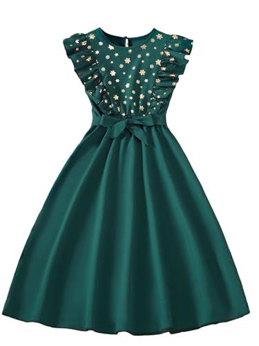 Girl's Flounce Sleeve Belted Gold Snowflake Party Swing A Line Dress