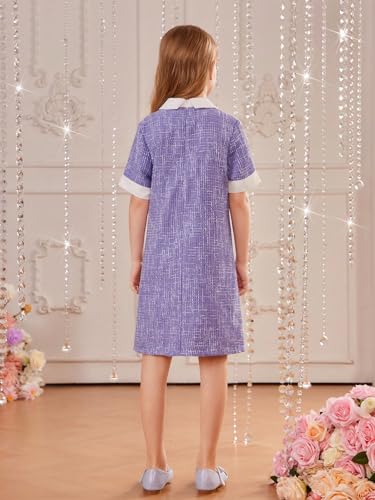 41nL6T3UwwL.jpg Girl's Pearls Trim Tweed Contrast Collar Button Front Short Sleeve Casual Dress