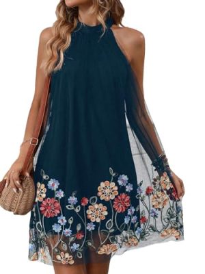 Women's Floral Embroidery Dress Halter Sleeveless A Line Flare Boho Dresses
