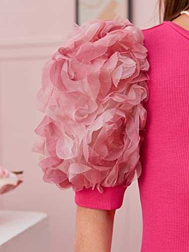 Girl's Ribbed Mesh Short Puff Sleeve Cute Birthday Party Pencil Mini Dress