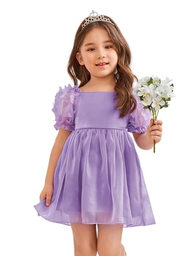 Girl's Cute Appliques Short Puff Sleeve Square Neck Dress Ruffle Trim Knee Length Dress