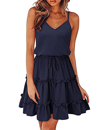 41omEmPZtYL.jpg Women's 2025 Summer Dress Spaghetti Strap Casual Boho Beach Vacation Outfits Drawstring Ruffle Hem Sundress Trendy