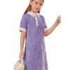 41opVLK8GL.jpg Girl's Pearls Trim Tweed Contrast Collar Button Front Short Sleeve Casual Dress