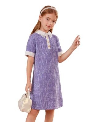 Girl's Pearls Trim Tweed Contrast Collar Button Front Short Sleeve Casual Dress