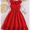 41oqLOLGP0L.jpg Girl's Ruffle Trim Wrap V Neck Sleeveless Dress Party Belted A Line Dresses