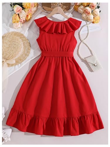 41oqLOLGP0L.jpg Girl's Ruffle Trim Wrap V Neck Sleeveless Dress Party Belted A Line Dresses