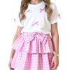 Girl's 2 Piece Bow Outfits Cute Short Sleeve T Shirts and Layered Ruffle Plaid Skirt Set