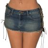 41p-B7kivlL.jpg Women's Lace Up Side Bodycon Denim Mini Skirt Y2k Low Rise Frayed Hem Jean Skirts