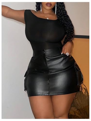 Women's Plus Size PU Leather Mini Skirt High Waisted Flap Pocket Cargo Skirt