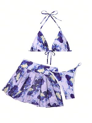 Women's 3 Piece Halter Triangle Bikini Marble Print Swimsuits and Coverup Skirt