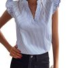 Women's Striped Ruffle Cap Sleeve Notched V Neck Blouse Top Shirt