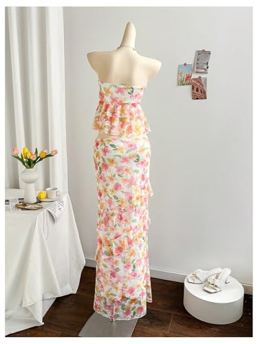 Women's Floral 2 Piece Skirt Outfits Strapless Bandeau Ruffle Top Maxi Skirts Set Vacation Outfits