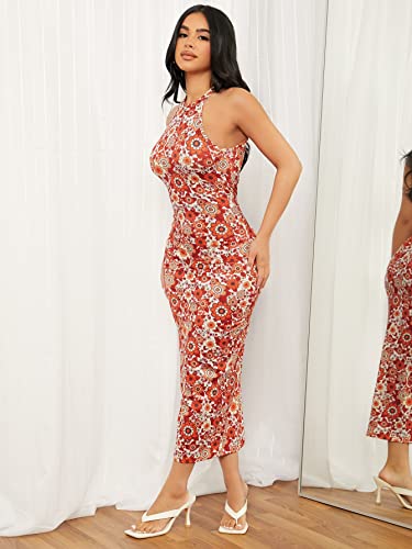 Women's Floral Print Halter Neck Sleeveless Bodycon Pencil Long Dresses