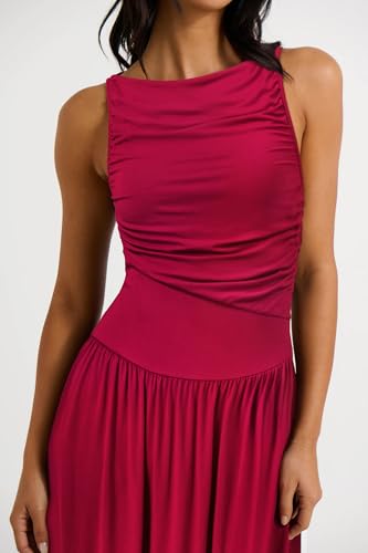 41pQG59Gl8L.jpg Women 2025 Summer Maxi Dresses Vacation Ruched Boat Neck Tank Flowy Elegant Party Long Formal Dress Pockets