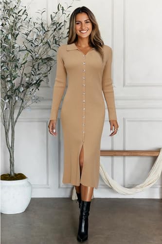 41pSJGI6i6L.jpg Womens Sweater Dress Fall Teacher Oufits 2025 Long Sleeve Business Casual Bodycon Split Ribbed Knit Midi Dresses