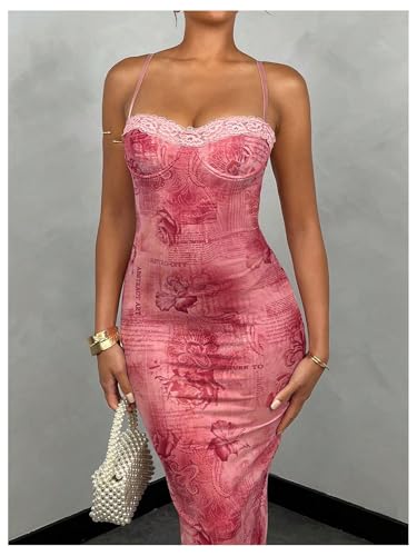 Women's Floral Print Sleeveless Bodycon Dress Lace Up Split Back Long Cami Dress