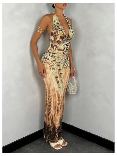 Women's Deep Cowl Neck Halter Dress Sleeveless Tie Backless Bodycon Animal Print Maxi Dress