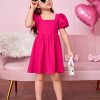 41q71YJy4eL.jpg Toddler Girl's Square Neck Short Puff Sleeve A Line Flared Tie Back Cute Mini Dress