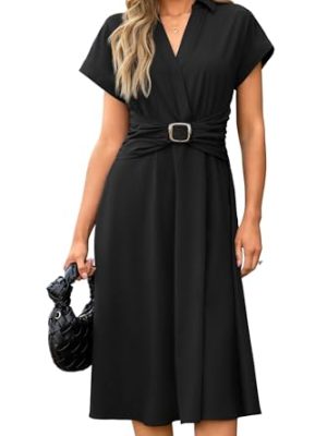 Womens Wear to Work Teacher Business Casual Dress Funeral Midi Dresses Button Down Office Clothes with Pockets