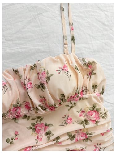 Women's Plus Size Boho Floral Cami Dress Ruched Spaghetti Strap A Line Short Dresses
