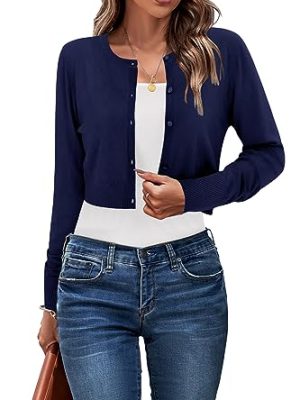 Cropped Cardigan Sweaters for Women 2025 Crew Neck Button Down Open Front Knit Bolero Shrugs