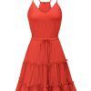 Women's 2025 Summer Dress Spaghetti Strap Casual Boho Beach Vacation Outfits Drawstring Ruffle Hem Sundress Trendy