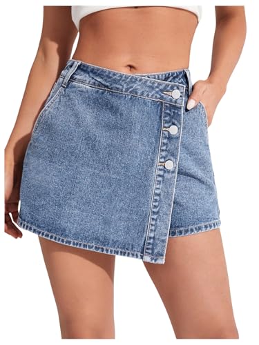 Women's High Waisted Button Front Denim Skort Asymmetrical Hem Skirt Shorts
