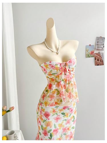 Women's Floral 2 Piece Skirt Outfits Strapless Bandeau Ruffle Top Maxi Skirts Set Vacation Outfits