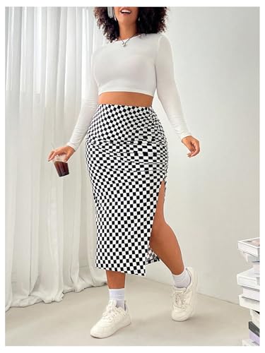 Women's Plus Size Checkered Split Thigh Midi Skirt Ruched High Waisted Bodycon Skirts