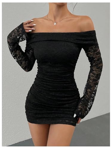 Women's Lace Off Shoulder Bodycon Mini Dress Ruched Long Bell Sleeve Dresses