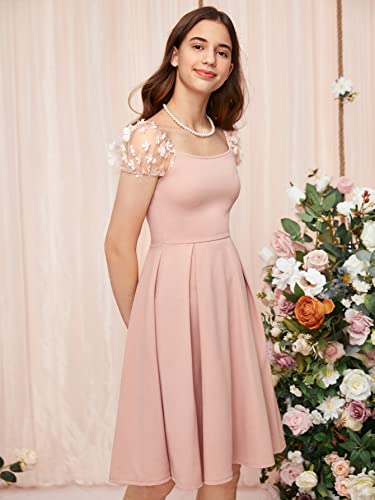41sRWcuhiZL.jpg Girl's Appliques Mesh Puff Sleeve Square Neck Ruffle Hem Dress