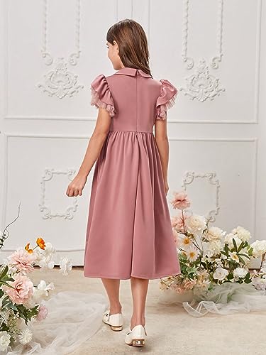 Girl's Ruffle Trim Layered Sleeve Lace Pleated Lapel Zipper Collar Button Front Casual Dress