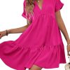 Women's Roll Up Short Sleeve V Neck Ruffle Hem Solid Swing Smock Dress