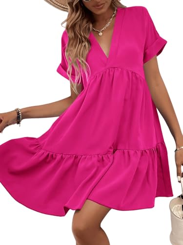 Women's Roll Up Short Sleeve V Neck Ruffle Hem Solid Swing Smock Dress