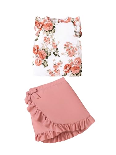 41synno2-dL.jpg Girl's 2 Piece Floral Print Tank & Skirt Set Ruffle Sleeve Tanks and Wrap Front Skirts Summer Outfits