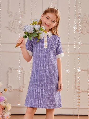 41tPfvCH4hL.jpg Girl's Pearls Trim Tweed Contrast Collar Button Front Short Sleeve Casual Dress